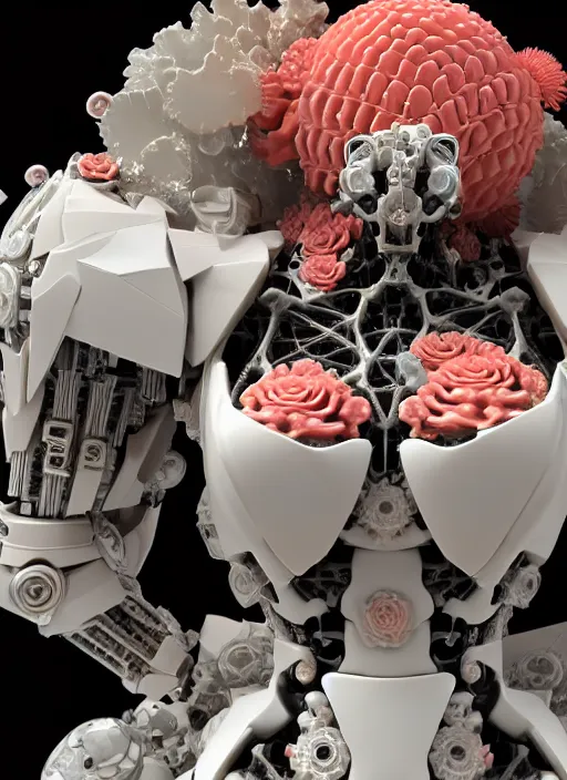 Image similar to biomechanical black mecha carrying perfume bottle enchanted coral kingdom made of corals, daisies, roses in an ivory room well contoured smooth fair walls, up close shot, sharp focus, global illumination, radiant light, alexandre ferra white mecha, irakli nadar, octane highly render, 4 k, ultra hd,