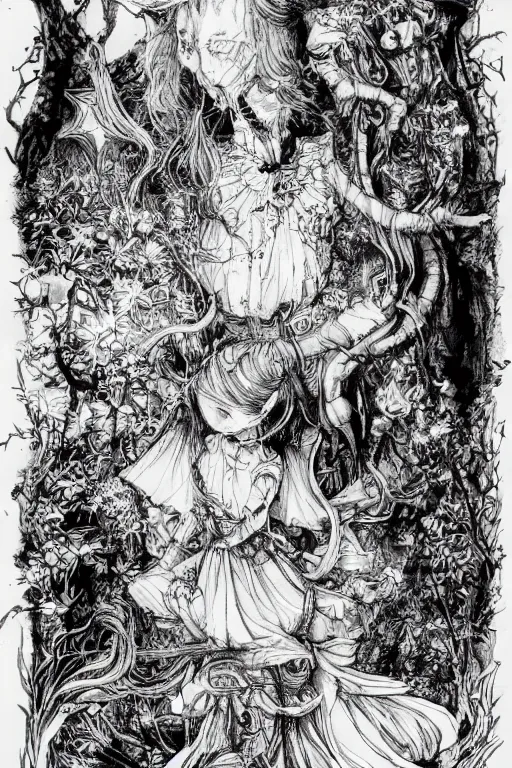 Prompt: Crying Alice in wonderland tarot card , pen and ink, intricate line drawings, by Yoshitaka Amano, Ruan Jia, Kentaro Miura, Artgerm, watercolor