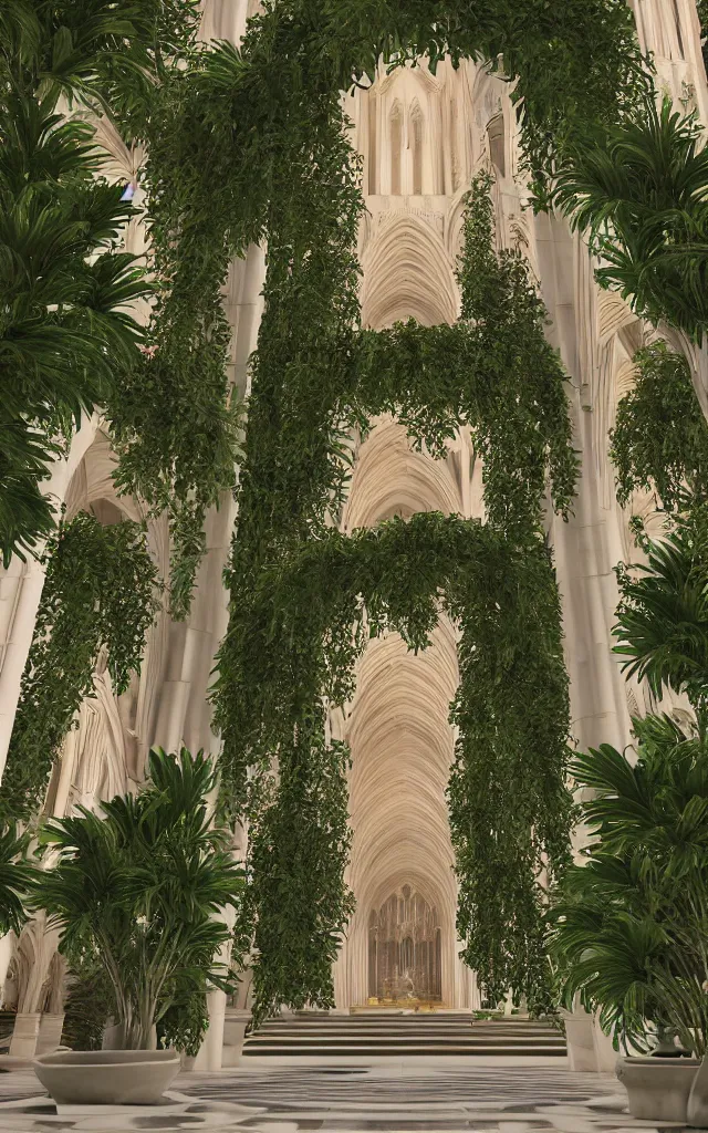 Prompt: beautiful grand cathedral interior with!! koi pond!! in the! middle! surrounded by palm trees, ivy,!! flowers!!, ( tropical plants ),!! roses!!, and with archways, rendered in octane render with photorealistic volumetric cinematic lighting, wide angle, horizontal symmetry, symmetrical! 8 k