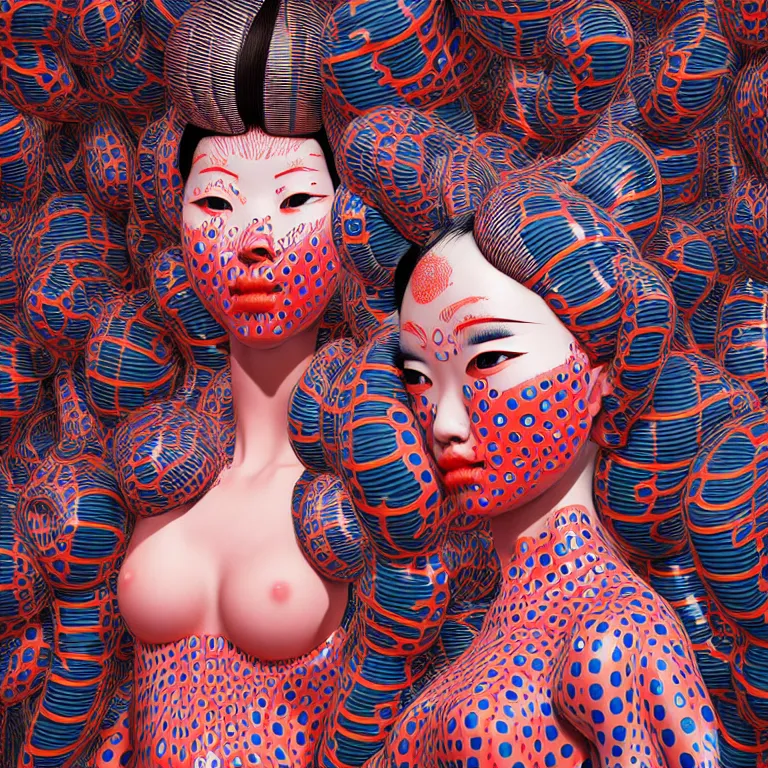 Image similar to hyperrealistic detailed image of a geisha in a art installation room, hd smooth interior by yayoi kusama, part by kei mieno, part by ross tran, dark art by james jean, ultra realistic, highly detailed, life like face, detailed body, 8 k, 3 d render by roger magrini, very cohesive, masterpiece