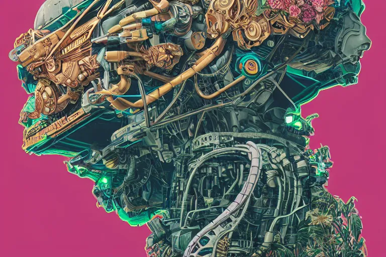 Image similar to gigantic mecha head with lot of details, a lot of exotic vegetation, trees, flowers by moebius, dull colors, junji ito, tristan eaton, victo ngai, artgerm, rhads, ross draws, hyperrealism, intricate detailed, risograph