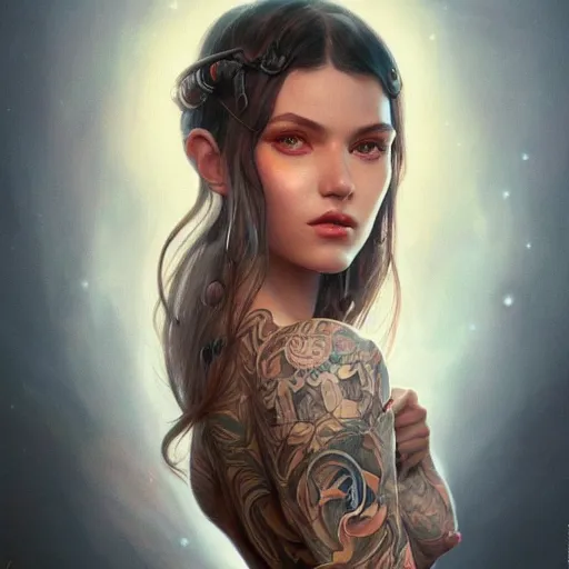 Image similar to ultra realistic illustration, a hot and beautiful tattooed extraterrestrial woman, intricate, elegant, highly detailed, digital painting, artstation, concept art, smooth, sharp focus, illustration, art by artgerm and greg rutkowski and alphonse mucha