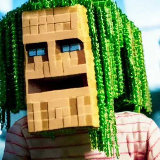 Prompt: closeup of girl with minecraft creeper mask, stranger things tv series, cinematic shot, cine still 800t