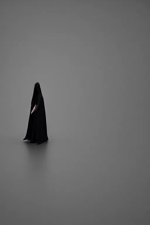 Image similar to a girl wearing long futuristic dark cloak by yohji yamamoto standing in a shadow of the moon light, sense of mystery, muted colors, simple shapes, long shot, full shot, by bill henson, by gregory crewdson, golden ratio, perfect composition, dramatic, fine detail, intricate, octane render, 8 k