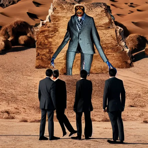 Image similar to Contamporary art fashion photography of ultra mega super hyper realistic detailed group of monkey's in suits standing around very highly detailed Obsidian monolith in the desert