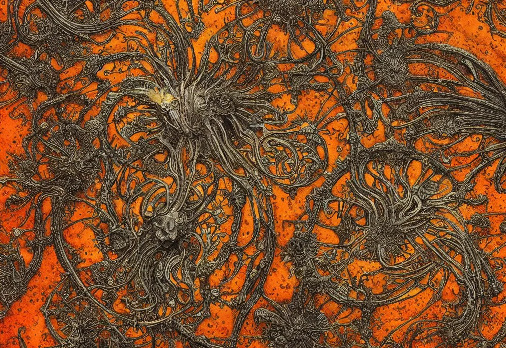 Prompt: helmet on the ground flourishes with orange big mold by ernst haeckel, digital art, 4k, trending on artstation, highly detailed