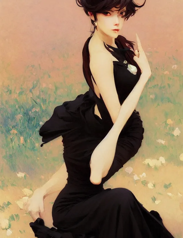 Image similar to savvy — today at 4 : 0 2 pm beautiful anime woman in tight black dress with high slit, krenz cushart, mucha, by joaquin sorolla rhads leyendecker, by ohara koson