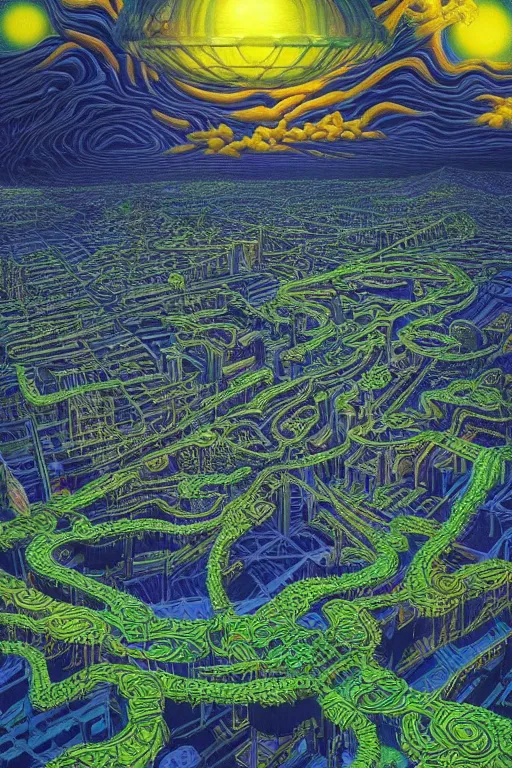 Prompt: psychdelic city dreamworld in the clouds, surrealist and abstract digital art trending on artstation by artist Rob Gonsalves and Mark Riddick supreme peace immense knowledge black green mint yellow dmt art