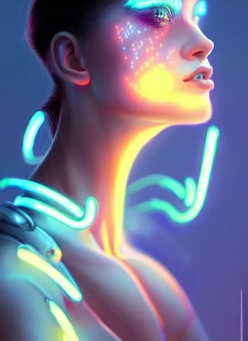 Image similar to photorealistic an oriental female humanoid with freckle cheeks, cyber neon lightings, futurism, cyberpunk high fashion, elegant profile pose, intricate details, crispy quality, digital photography, trending in artstation, trending in pinterest, no watermark signature, cinematic, 4 k ultra hd, art by artgerm, art by greg rutkowski, art by pascal blanche