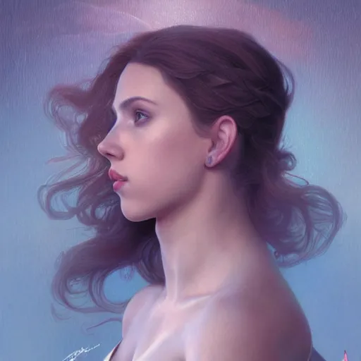 Prompt: young Scarlett Johansson from another dimension, cinematic lighting, intricate, elegant, highly detailed, digital painting, artstation, sharp focus, illustration, art by artgerm and greg rutkowski and alphonse mucha and Wayne Barlowe and william-adolphe bouguereau