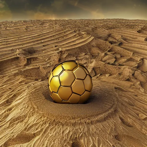 Image similar to in the distance, in the center of a large sandy quarry, a large golden ball lies in the sand, a broken excavator and a man in military uniform standing nearby, stylization of a book illustration, high quality, depth of sharpness, emphasis and focus on the golden ball