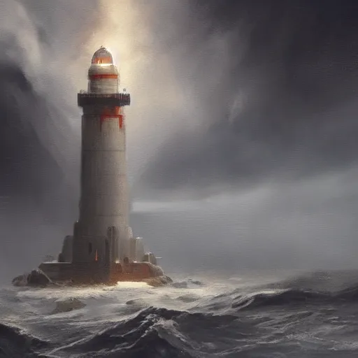 Prompt: star wars concept art by greg rutkowski, a brutalist giant tower in the shape of a lighthouse in the middle of a raging and stormy ocean, lightning storm and gale force winds, dark environment, dramatic atmosphere, artstation hq.