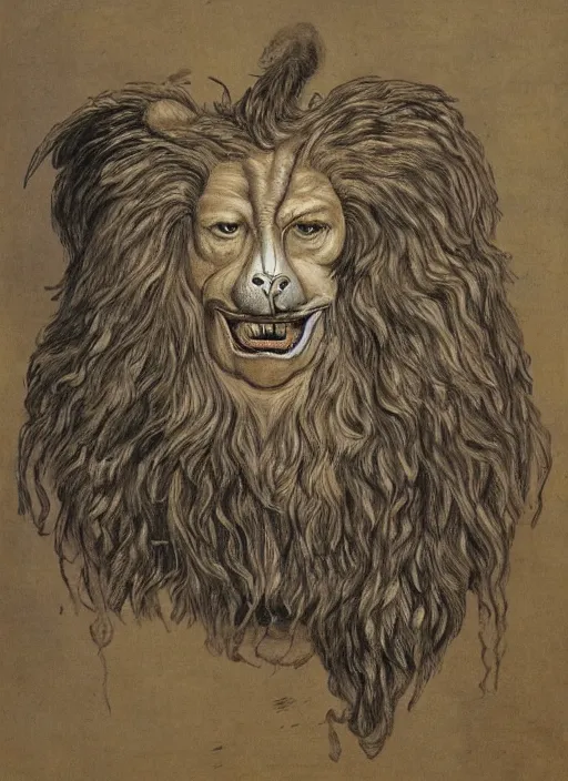 Image similar to human / eagle / lion / ox hybrid with two horns, one big beak, mane, human body. drawn by francis bacon