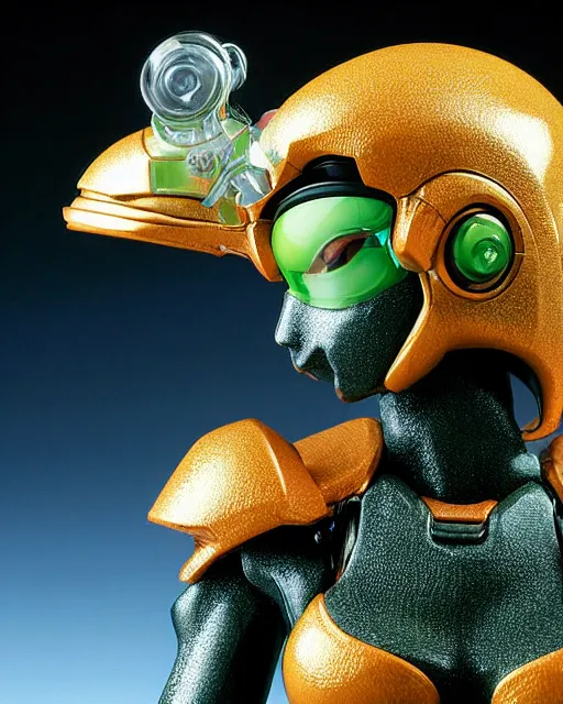 Image similar to helmet portrait of a figurine of samus aran's varia power suit from the sci - fi nintendo videogame metroid. designed by hiroji kiyotake, gene kohler and rodney brunet. metroid zero mission. metroid prime. glossy. masterpiece. intricate cybertronics. shallow depth of field. suit of armor.