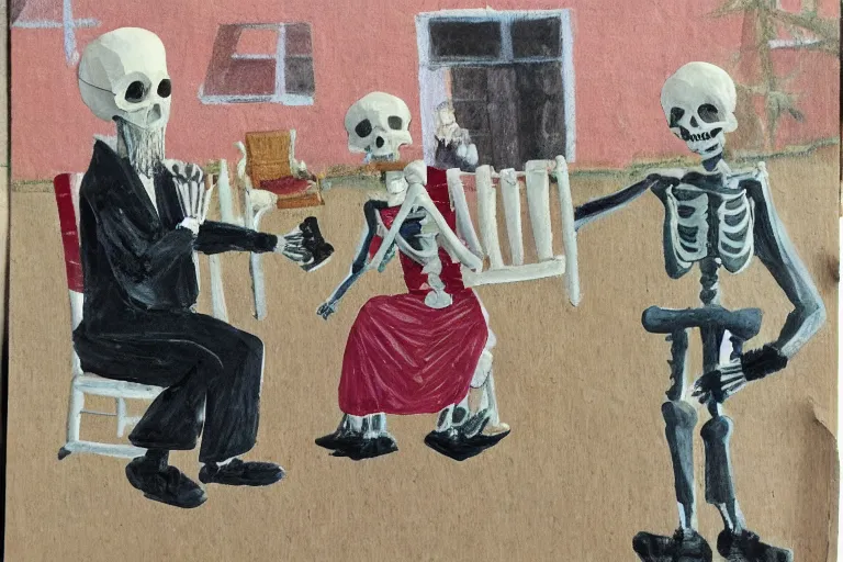 Image similar to tired miniature bearded old man and his giant skeleton wife sit in rocking chairs on on the porch of their house, outsider art oil on paper