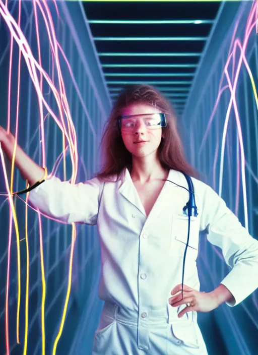 Image similar to realistic photo portrait of a a scientist girl dressed in white shorts, at glowing laser beams in a grey sky, covered with electricity, 1 9 9 0, life magazine photo, natural colors, museum collection, kodak