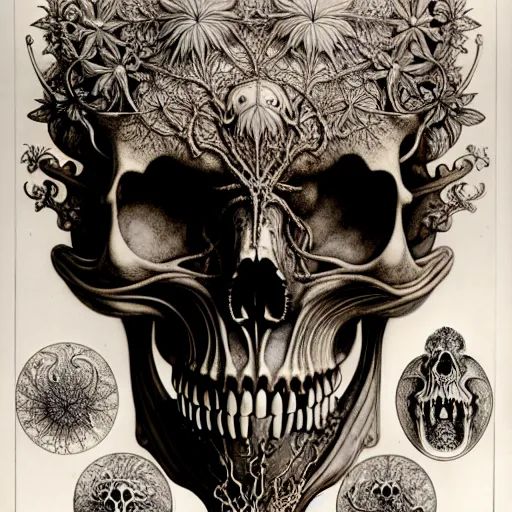 Image similar to art forms of nature by ernst haeckel, memento mori by arthur rackham, ornate antique porcelain beautiful skull mask, ultrasharp, photorealistic, hyperdetailed, octane render, polished, art nouveau, neo - gothic, gothic, intricate ornamental organic filigree, art nouveau botanicals, art forms of nature by ernst haeckel, horizontal symmetry, symbolist, visionary