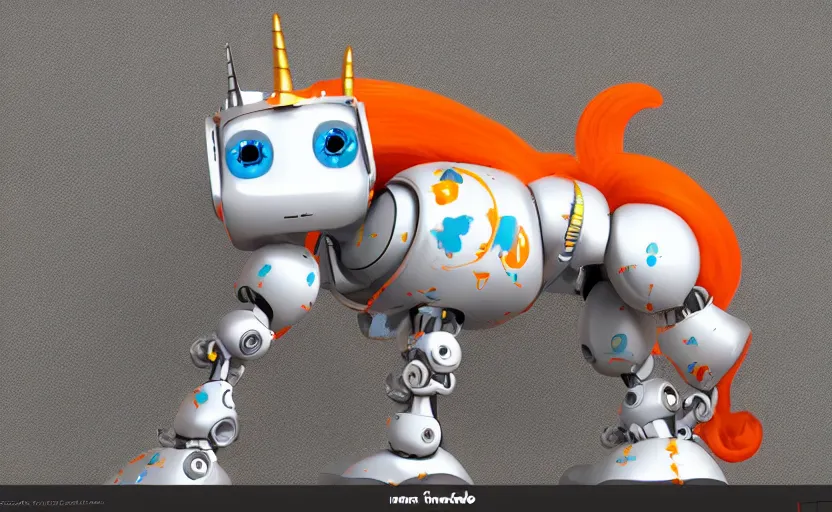 Image similar to cute robot unicorn, white and orange metal, in the style of Pixar, CGI, trending on art station, 8K