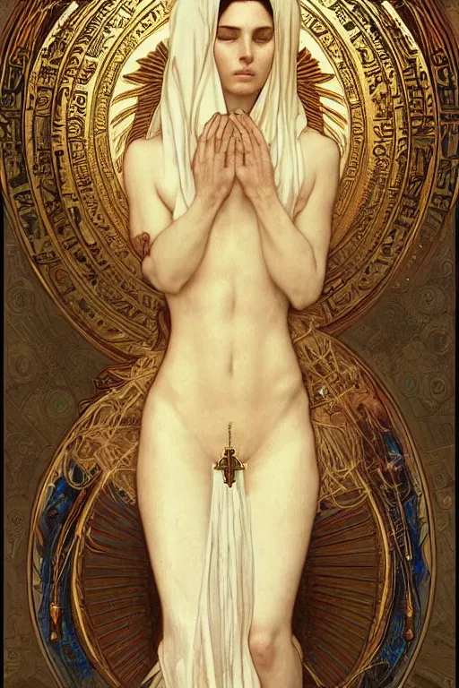 Image similar to a full body portrait of a beautiful ethereal delicate egyptian mage queen meditative sacral pose catholic stages of the cross, intricate, elegant, highly detailed, digital painting, artstation, concept art, smooth, sharp focus, illustration, art by krenz cushart and artem demura and alphonse mucha