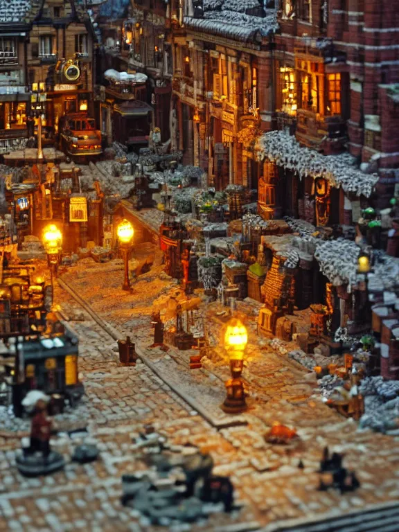 Image similar to mega detailed miniature voxel diorama steampunk workshop, victorian era, vintage architecture, clockwork technology, soft lights are on in the windows, dark night, fog, winter, blizzard, cozy and warm atmosphere, row of street lamps with demonic orange light, several ruins nearby, 1 8 5 0