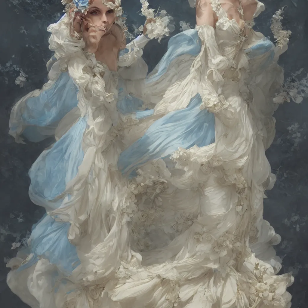 Image similar to lady dressed in a vaporous wrapped large victorian cream roses silk semi-transparent blue and cream dress fashion is running D&D, fantasy, intricate, elegant, highly detailed, digital painting, artstation, concept art, matte, sharp focus, illustration, art by Artgerm and Greg Rutkowski and Alphonse Mucha