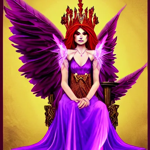 Prompt: Princess sorceress with red flaming bird wings on her back and sitting on an ornate throne dressed in a fancy purple dress, beautiful face, Fantasy, Full Portrait, High detail, realistic, planeswalker