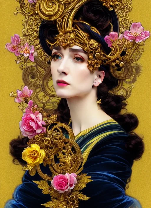 Image similar to beautiful black blue yellow, complicated gold and pink flowers in baroque style headwears, dark fantasy, intricate, elegant, highly detailed, digital painting, artstation, concept art, matte, 3 d 8 k octane rendered, sharp focus, illustration, octane rendered, art by artgerm and alphonse mucha, leesha hannigan