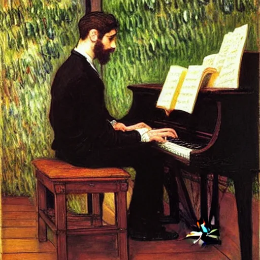 Image similar to attractive man playing piano, painting by tom of finland, john william waterhouse, claude monet