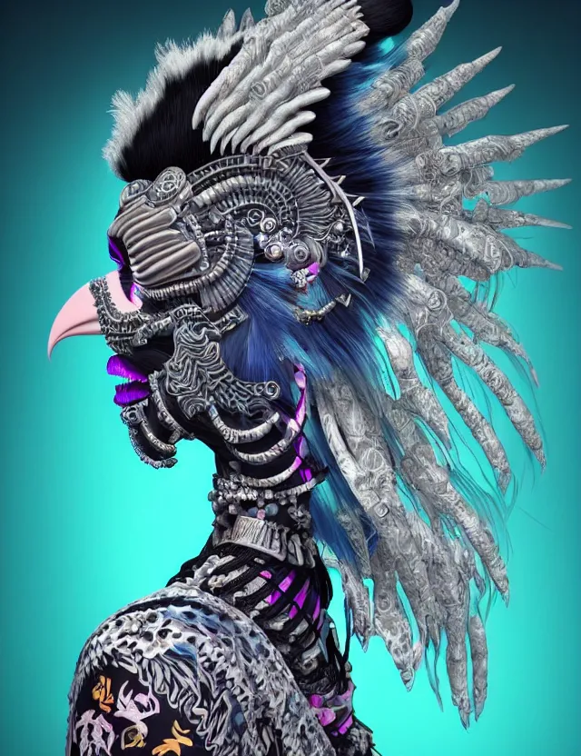 Image similar to 3 d goddess close - up profile portrait punk with mohawk with ram skull. beautiful intricately detailed japanese crow kitsune mask and clasical japanese kimono. betta fish, jellyfish phoenix, bio luminescent, plasma, ice, water, wind, creature, artwork by tooth wu and wlop and beeple and greg rutkowski