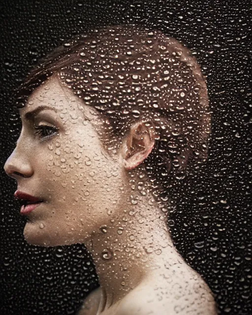 Prompt: a woman's face in profile, made of raindrops, in the style of the dutch masters and gregory crewdson, dark and moody