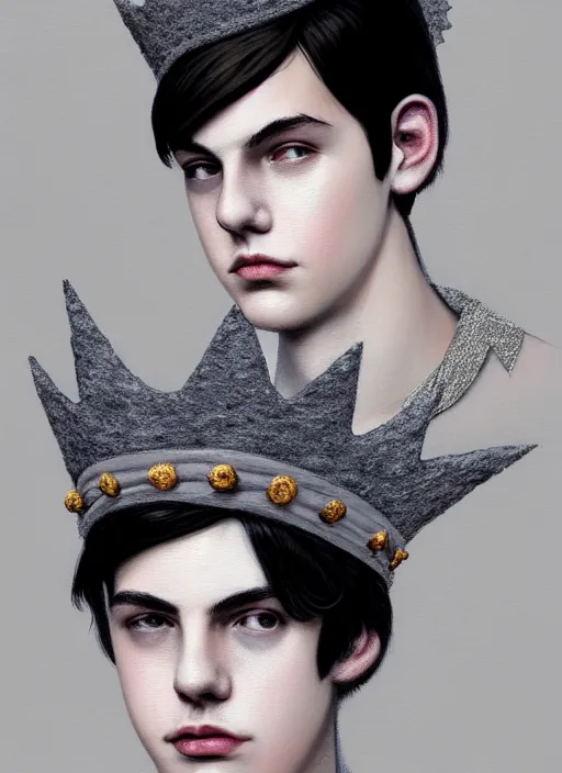 Image similar to portrait of teenage jughead jones wearing a light grey crown, photorealistic, crown made of fabric, crown, crown made of felt, black hair, intricate, elegant, highly detailed, digital painting, glowing lights, artstation, concept art, smooth, sharp focus, illustration, art by wlop, mars ravelo and greg rutkowski