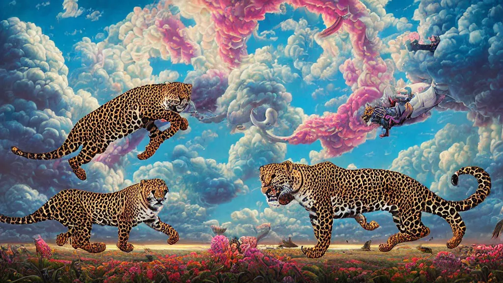 Prompt: highly detailed painting of a dream involving jaguars in colorful clouds in the middle of the night by oliver vernon artist, joseph moncada, damon soule, manabu ikeda, kilian eng, moebius, nico delort, kyle hotz, dan mumford, otomo, 4 k resolution