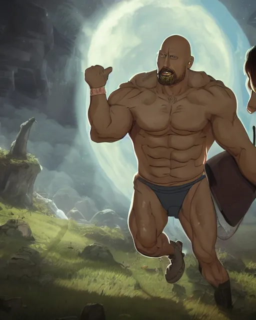 Image similar to dwayne johnson as rick from rick and morty, gothic scene, dramatic light, lee ji - eun, illustration, atmosphere, focused, artstation, highly detailed, art by yuhong ding and chengwei pan and serafleur and ina wong