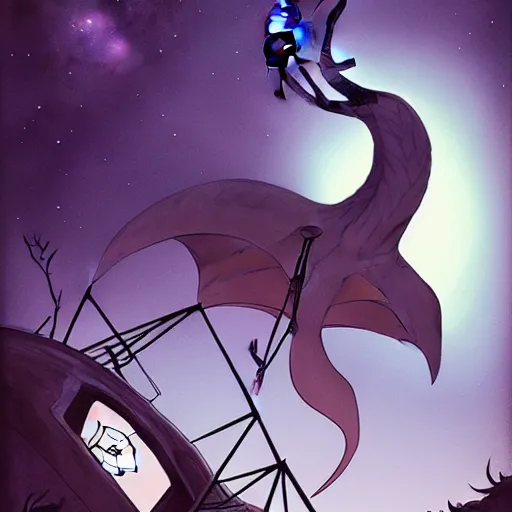 Prompt: abigail larson, don bluth, artgerm, joshua middleton, purple color pallete, welcome to night vale, radio tower with black hole above it, helicopter, spooky strange weird quirky, cartoon, 2 d, chiral lighting