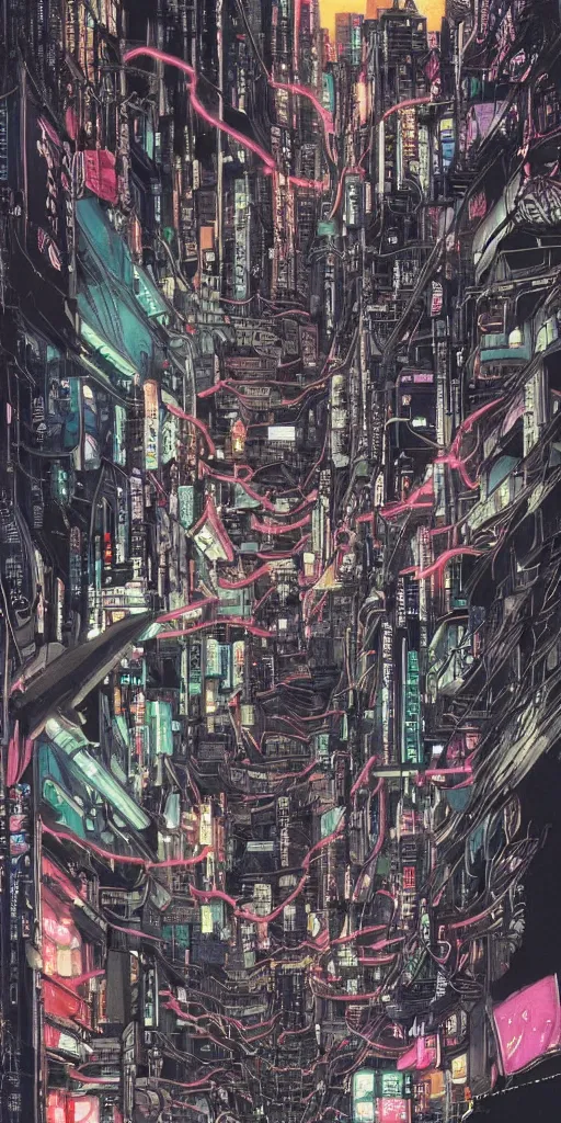 Image similar to beautiful and detailed anime drawing of an AKIRA-like cyberpunk city landscape with light trail from a motorcycle at the bottom and a bridge silhouette at the top, japan at night, 1980s, by Katsuhiro Otomo and mamoru oshii, wide angle, worm\'s eye view, grand, clean, colorful