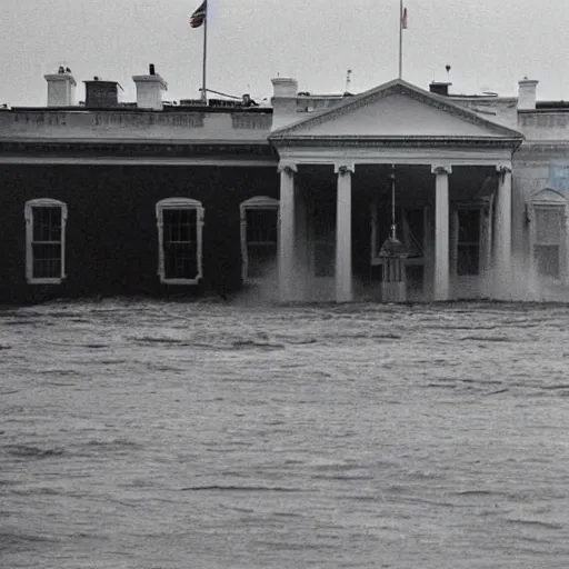 Prompt: a photograph of a sea storm flooding The White House