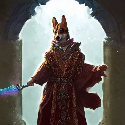 Prompt: d & d character, corgi mage wearing a beautiful and intricate robe, very cute, magical, mystical, arcane, highly detailed digital illustration, greg rutkowski, trending on artstation