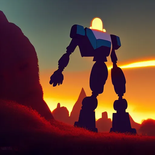 Prompt: Iron Giant at sunset, 4k, trending on artstation, dramatic lightning, highly detailed, cinematic, illustration, octane render,