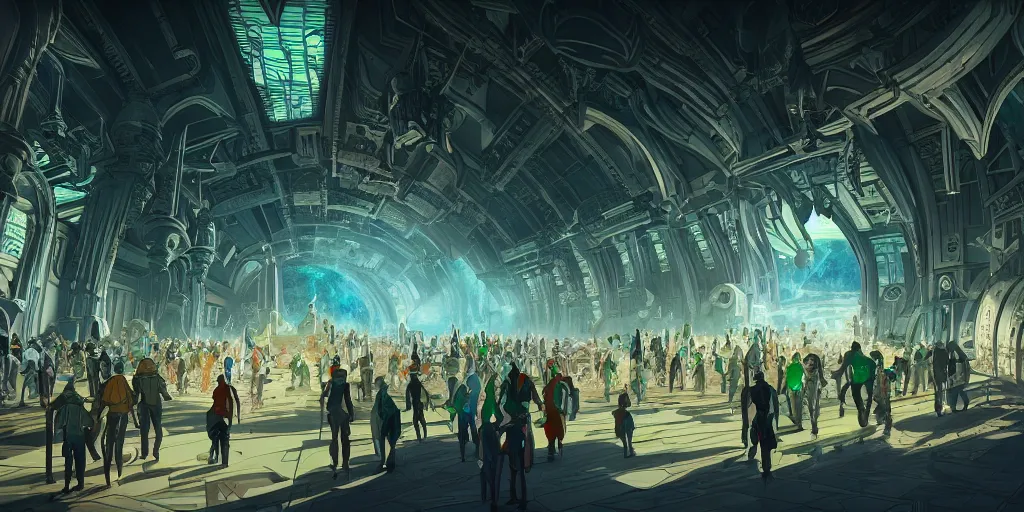 Image similar to cel shaded cinematic shot of the interior of a sci-fi space station with ornate Elven architecture bustling with people, epic castle, emerald, crystalline, detailed illustration, sharp focus, concept art