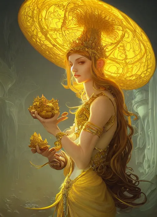 Image similar to yellow mushroom queen, d & d, fantasy, intricate, elegant, highly detailed, digital painting, artstation, concept art, matte, sharp focus, illustration, hearthstone, art by artgerm and greg rutkowski and alphonse mucha