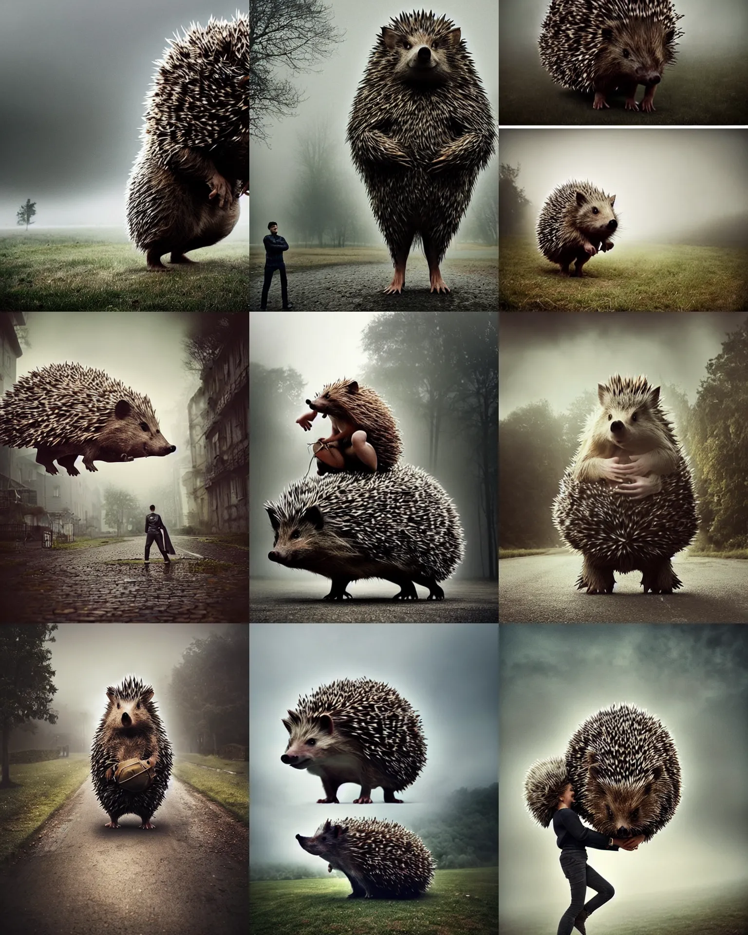 Prompt: epic pose!!! giant oversized battle hedgehog rugged hulked, in village, full body, cinematic focus, polaroid photo, vintage, neutral dull colors, soft lights, foggy mist, by oleg oprisco, by thomas peschak, by discovery channel, by victor enrich, by gregory crewdson