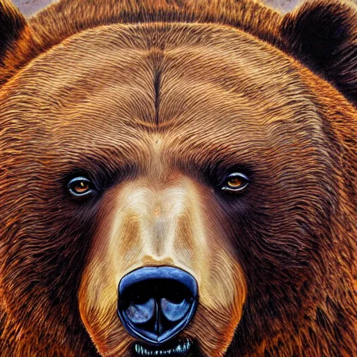 Prompt: a painting of a brown bear's face, an ultrafine detailed painting by terry redlin, behance contest winner, detailed painting, oil on canvas, sharp focus