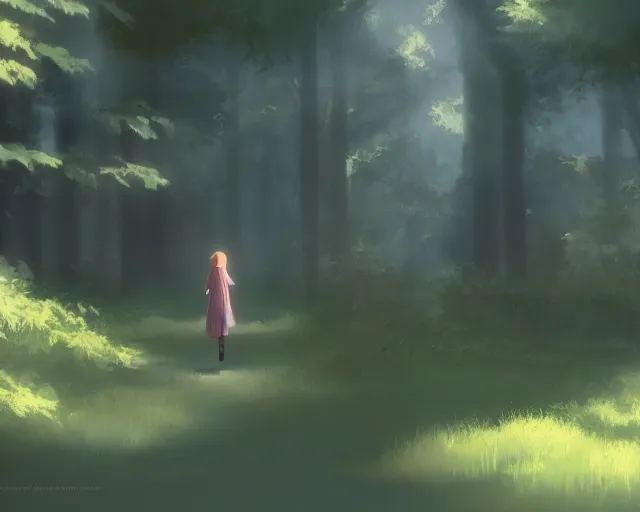 Prompt: an angel walking through the woods, holy aura, mystical, hopeful, soft lighting, atmospheric lighting By Makoto Shinkai, trending on ArtStation, digital art.