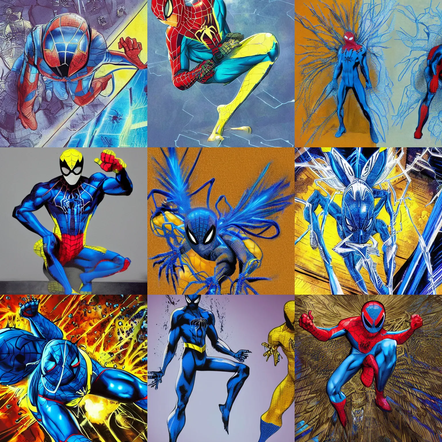 Prompt: Marvel SpiderMan, electric blue Spider-Man inspired by a peacock ((tarantula)), official concept art, blue and yellow spiderman, blue accents