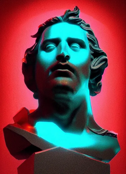 Image similar to bust of hercules, beeple, vaporwave, retrowave, black background, neon wiring, black, glitch, strong contrast, cuts, pinterest, trending on artstation