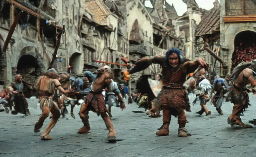 Image similar to movie still: goblins attack a medieval marketplace, by David Bailey, Cinestill 800t 50mm eastmancolor, heavy grainy picture, very detailed, high quality, 4k, HD criterion, precise texture and poses