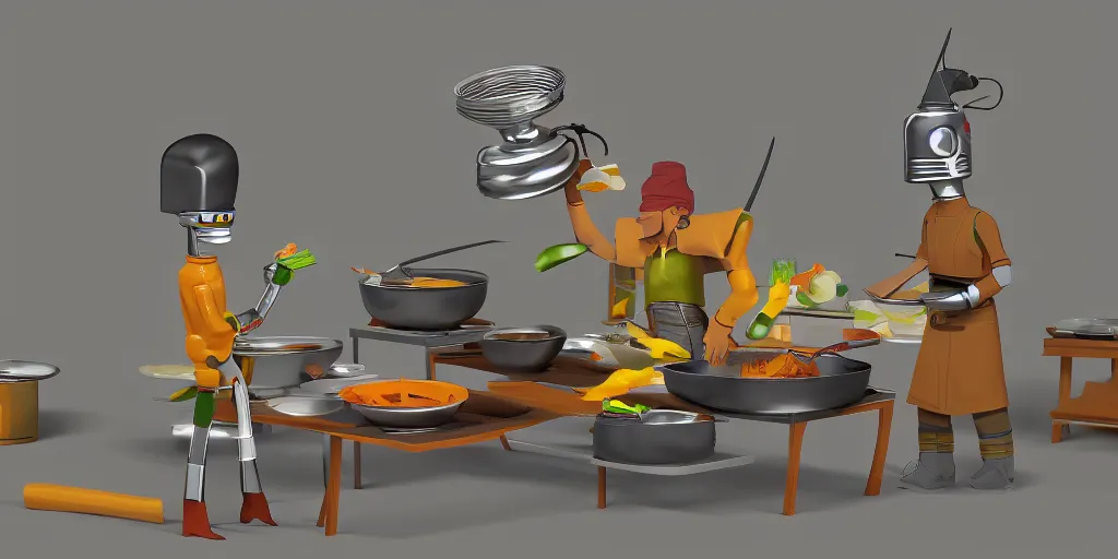 Prompt: bender bending rodriguez cooking delicious food, 3 d render, highly detailed, artstation