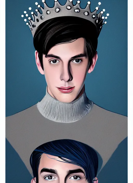 Image similar to portrait of teenage jughead jones wearing a light grey crown, crown, blue turtleneck, 1 9 5 0 s, closed eyes, photorealistic, black hair, glowing lighting, intricate, elegant, glowing lights, highly detailed, digital painting, artstation, concept art, smooth, sharp focus, illustration, art by wlop, mars ravelo and greg rutkowski