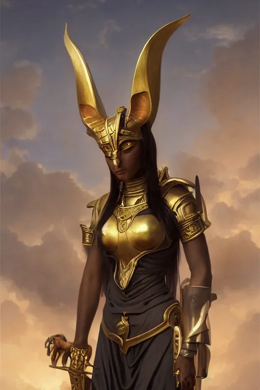 Image similar to Mystical Valkyrie, Portrait of a beautiful female Anubis warrior, Regal, Realistic, Refined, Detailed Digital Art, Oil Painting, William-Adolphe Bouguereau, Art Frahm, Esao Andrews, Steampunk, Walt Disney (1937), Highly Detailed, Cinematic Lighting, Unreal Engine, 8k, HD