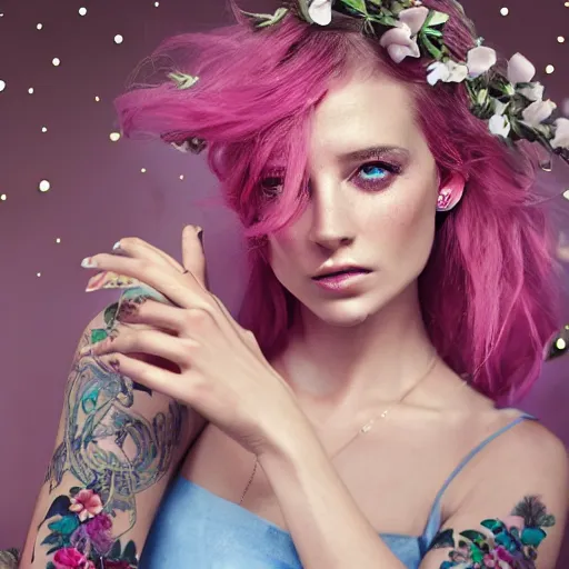 Image similar to beautiful young female florist concept art, flowers in hands, pink hair, little stars in hair, clear blue eyes, little stars tattoos ornate, dynamic, particulate, rich colors, intricate, elegant, highly detailed, vogue, harper's bazaar art, fashion magazine, smooth, sharp focus, 8 k, octane render